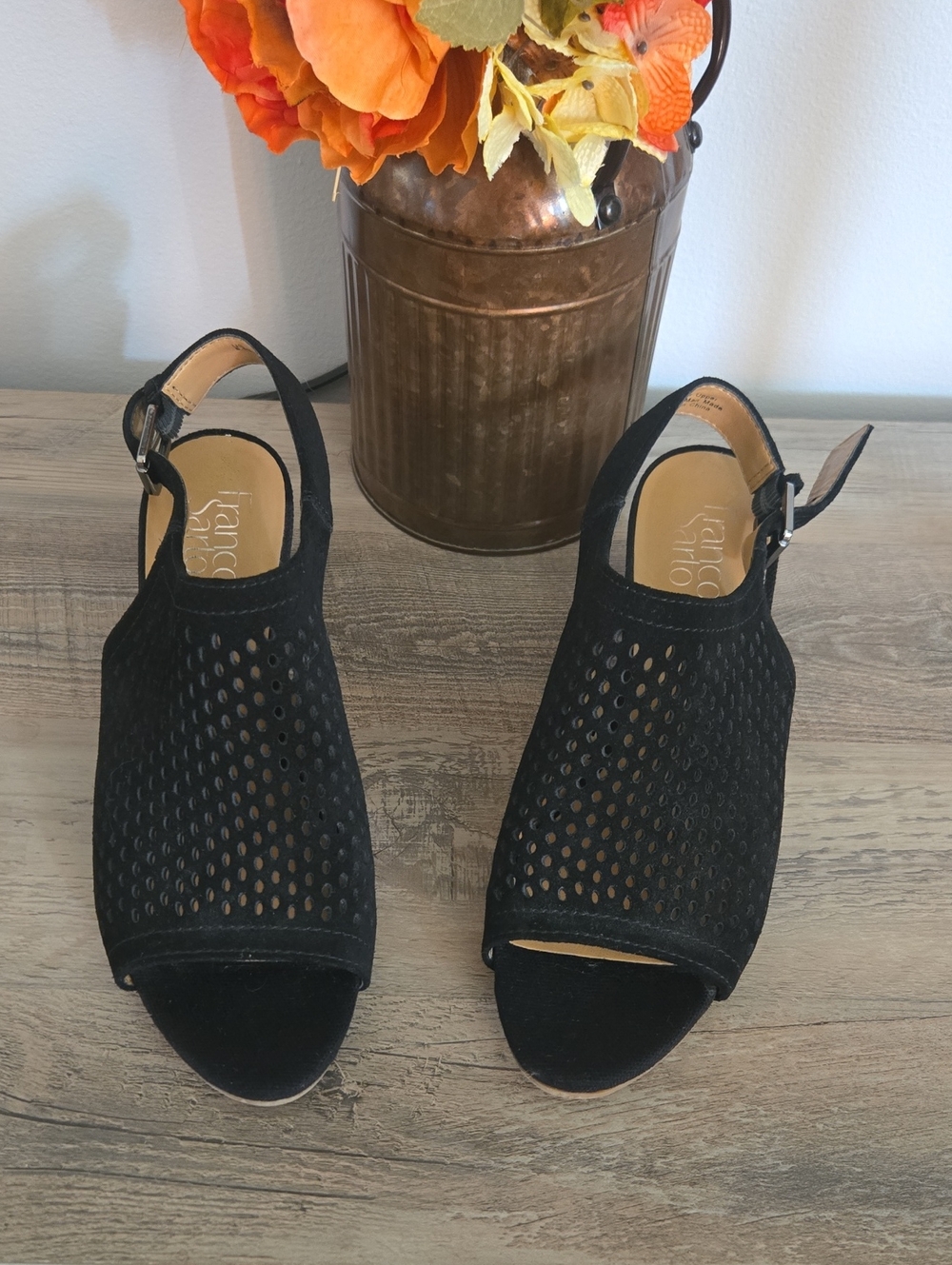 Franco Sarto Black Perforated Peep-Toe Slingback Heels